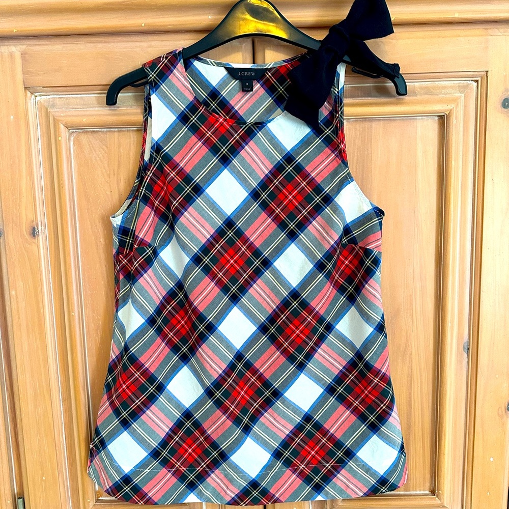 J. Crew Plaid Bow Shoulder Top